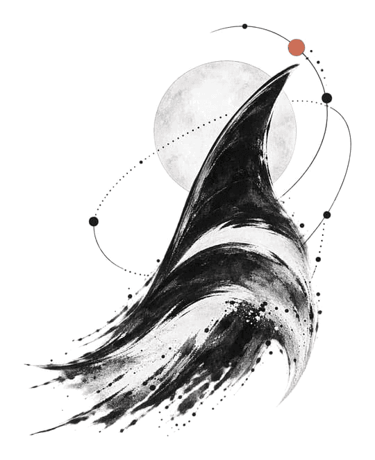 Ink orca fin rising past a pale moon, circled by thin orbits
